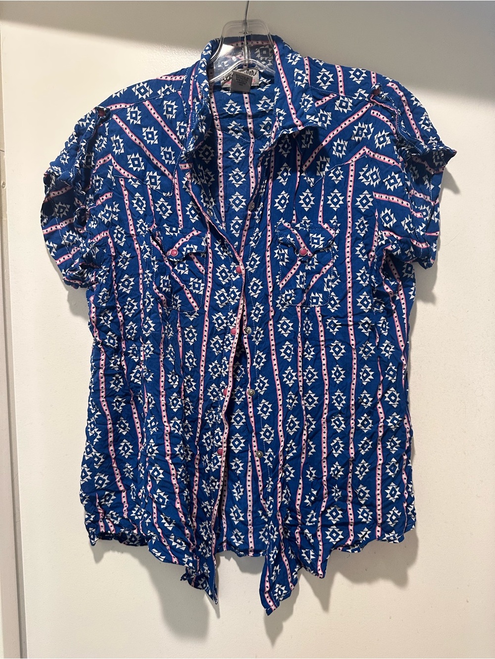 Wrangler Blue Geometric Western Shirt w Pink Pearl Snap Buttons Size Large